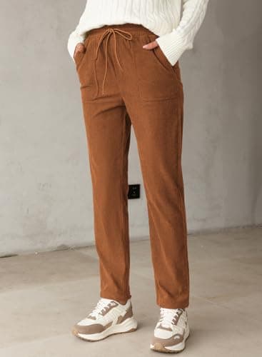 EVALESS Corduroy Pants for Women Casual Drawstring Elastic High Waist Straight Leg Harem Pants Fall Winter 2025 Loose Comfy Trousers with Pockets Orange Medium - Image 5