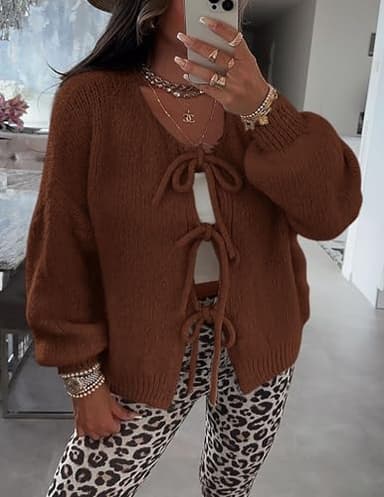 PRETTYGARDEN Women's Tie Front Bow Cardigan Sweaters Chunky Knit Long Puff Sleeve Trendy Fall Winter Jacket Coats (Caramel,Large) - Image 7