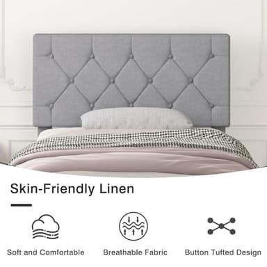 VECELO Twin Bed Frame with Button Tufted Headboard, Upholstered Platform with Wooden Slat Support, No Box Spring Needed, Grey - Image 5