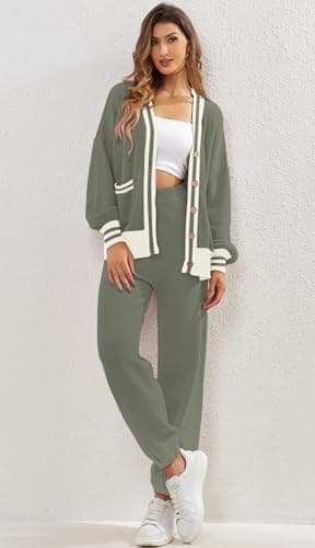 ETCYY NEW Women's 2 Piece Outfit Lounge Set Trendy Cardigan Sweater Pants Sets V Neck Button Pocket Knit Matching Loungewear - Image 2