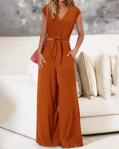 PRETTYGARDEN Women 2 Piece Sets 2025 Sexy Sleeveless V Neck Tie Waist Crop Tops Palazzo Pants Set Casual Lounge Wear(Solid Brown Orange,Small) - Image 3