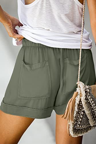 Cute Shorts for Women Classic Solid Color Elastic Drawstring Waist Pocketed Shorts Olive Green L - Image 2