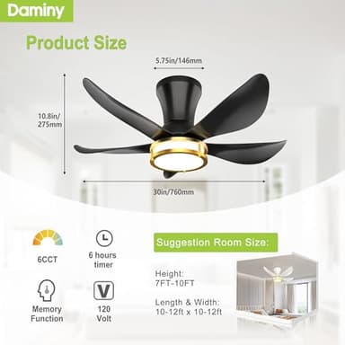 DAMINY 30 Inch Black and Gold 5 Blade Ceiling Fan with Light, Modern Ceiling Fan with Remote,Large Airflow,Flush Mount,6CCT,Dimmable,Noiseless,Bedroom - Image 5