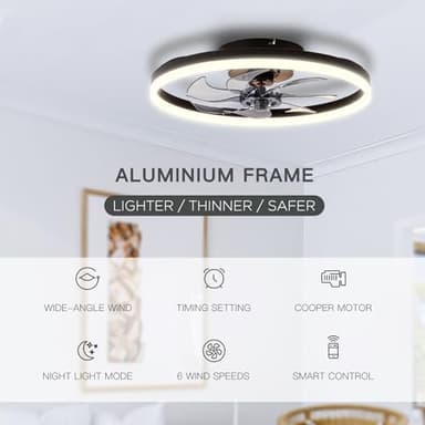 STERREN 20'' Modern Low Profile Ceiling Fan with Light, Bedroom LED Ceiling Fan with Remote Control, Bladeless Flush Mount Black Fan Lights Ceiling Fixtures for Living Room,Small Room - Image 2