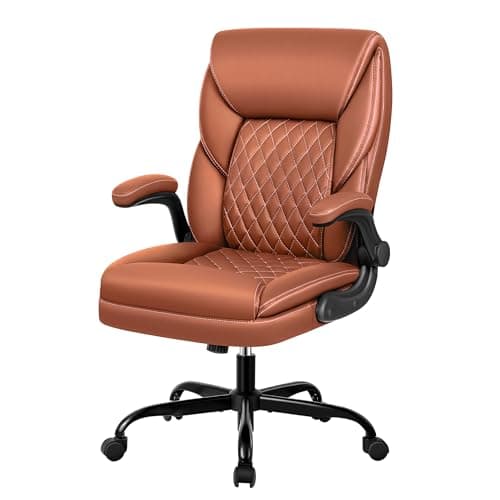BestEra Office Chair, Executive Leather Chair Home Office Desk Chairs, Ergonomic Computer Desk Chair with Adjustable Flip-Up Arms, Lumber Support Swivel Task Chair with Rocking Function (Brown) - Image 1