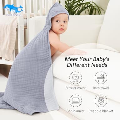 SWEET DOLPHIN Muslin Hooded Baby Bath Towels - 2 Pack 100% Cotton Towel for Babies, Infants, Toddlers - 32x32Inch - Highly Absorbent and Newborn Essential, Green and Grey - Image 5