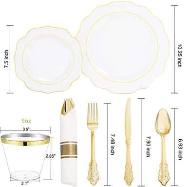 NOCCUR 50Guest Gold Rim Clear Plastic Plates&Disposable Silverware Cups-Include 100Plastic Plates, 150Gold Utensils, 50Cups and 50Napkins-Idea for Wedding&Party - Image 3