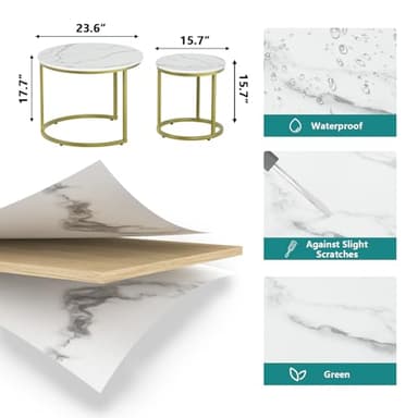 Smuxee White Nesting Coffee Table Set of 2, 23.6“ Round Coffee Table Wooden Marble Pattern with Adjustable Non-Slip Feet, Industrial End Table for Living Room Bedroom Balcony Gold - Image 2