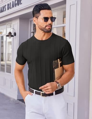 COOFANDY Men's Casual Crewneck Sweater Knitted T Shirts Formal Summer Shirts Black - Image 3
