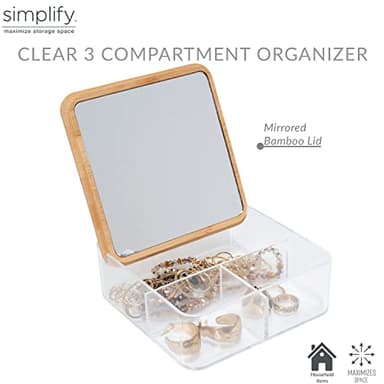Simplify 3 Compartment Organizer with Bamboo Lid | Mirror | Perfect for Jewelry | Cosmetics | Accessories | Vanity & Countertop | Keepsake Storage Box | Clear - Image 2