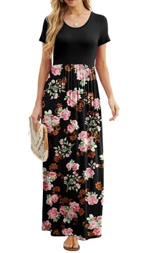 GRECERELLE Womens Black Floral Summer Dresses Short Sleeve Long Dresses for Vacation with Pocket XL, Flower Rose Black - Image 5