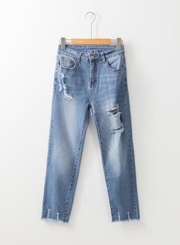 EVALESS Womens Jeans Stretchy High Waisted Pull On Ripped Distressed Jean Tummy Control Straight Ankle Denim Pants Sky Blue Size 14 - Image 5