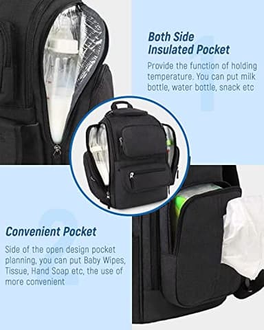 Mancro Diaper Bag Backpack, Multifunctional Dad Diaper Bag with 2 Side Insulated Pockets, Travel Water Resistant Baby Diaper Backpack for Men Women with Stroller Straps, Black - Image 7