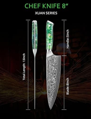 SANMUZUO Chef Knife - 8 inch - Xuan Series - VG10 Damascus Steel Kitchen Knife - Resin Handle (Jade Green) - Image 4