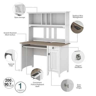 Bush Furniture Salinas Computer Desk with Hutch | Study Table with Drawers, Cabinets & Pullout Keyboard/Laptop Tray | Modern Home Office Desk in Pure White and Shiplap Gray | Work Desk with Storage - Image 11
