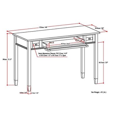 SIMPLIHOME Warm Shaker Desk - 48-Inch Wide Solid Wood Writing Desk in Tobacco Brown, Transitional Home Office Computer Table for Workspace or Study with Flip-Down Keyboard Tray and 2 Drawers - Image 3