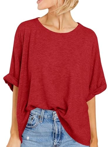 Women Oversized T-Shirt Summer Casual Short Sleeve Loose Tee Tops Dark Red - Image 1