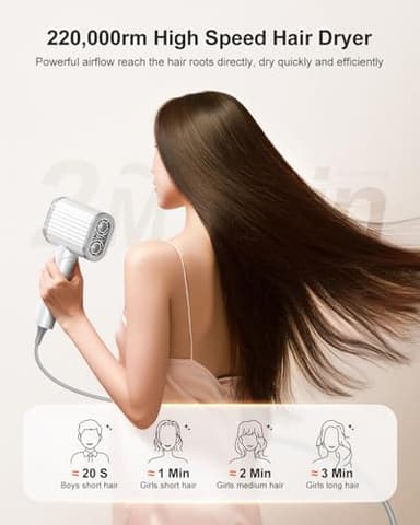 Tqcir Hair Dryer, 220,000 RPM Dual High-Speed Brushless Motors Blow Dryer for 6X Fast Drying, 500 Million Negative Ionic Hair Dryers for Long Thick Hair, Low-Noise 4 Temps /4 Speeds - Image 3