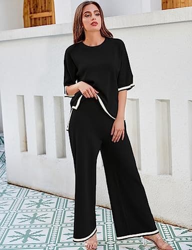 Tanming Sweater Sets Women 2 Piece Lounge Sets Short Sleeve Knit Pullover Tops Wide Leg Pants (Black-XL) - Image 4