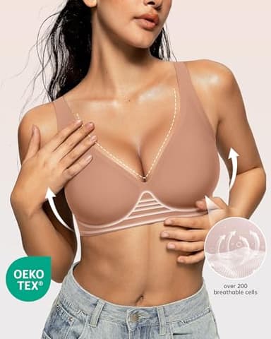 OEAK Womens Deep V Bras Wireless Comfortable Bra Supportive No Underwire Bras Tshirt Push Up Bralettes Plunge Seamless Bra Latte XS - Image 2