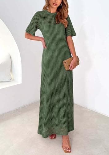 PRETTYGARDEN Womens Eyelet Cover Up Dress 2025 Summer Vacation Resort Maxi Dresses Beach Short Sleeve Hollow Out Sundress (Army Green,Large) - Image 6