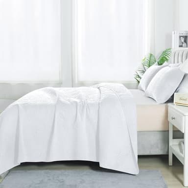 MASVIS Quilt Set Full Queen Size, Lightweight Quilted Microfiber Bedspread Coverlet for All Season, Classic Coin Pattern Quilts, Soft Bedding Set, 3 Piece (1 Quilt, 2 Pillow Shams) White - Image 3