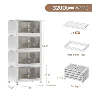 BROVIEW 320Qt Stackable Storage Bins with Lid, Closet Organizer and Storage Drawer, Collapsible Storage Box with Wheels, Plastic Clothes Storage Cabinet Containers for Home Organization, 4Pack White - Image 2