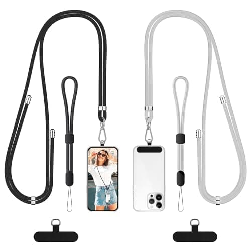 SS Cell Phone Lanyard, 2 Pack Adjustable Phone Lanyard Crossbody Neck Strap & 2 Phone Wrist Strap with 2 Phone Tether Patches for Most Smartphones, Black Grey - Image 1
