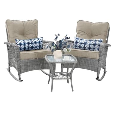 VONZOY Patio Furniture Set 3 Pieces, Rocking Bistro Set with Thick Cushions, Grey Wicker Outdoor Rocker Chairs and Coffee Table for Porch, Backyard or Garden (Grayish White) - Image 1