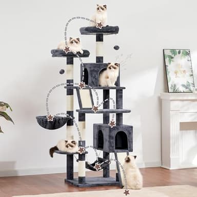 Gitelsnour Cat Tree for Indoor Cats, 71'' (180cm) Multi-Level Cat Tower for Large Adult, Sturdy Cat Tree House with 2 Scratching Boards 7 Posts, 2 Plush Perches/Condos, Hammock, Smoky Gray GCT032G - Image 7