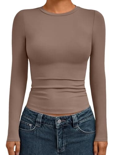 AUTOMET Womens Long Sleeve T-Shirts Trendy Basic Fitted Compression Going Out Crop Tops Fall Fashion Y2K Clothes 2025 Outfits Coffee Grey M - Image 1