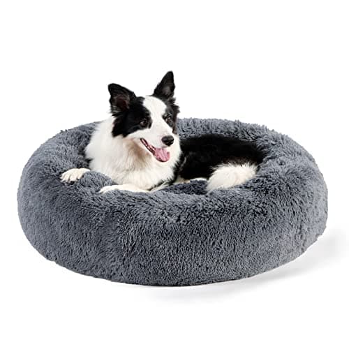 Bedsure Calming Dog Bed for Large Dogs - Donut Washable Large Pet Bed, 36 inches Anti-Slip Round Fluffy Plush Faux Fur Dog Bed, Fits up to 80 lbs Pets, Dark Grey - Image 1