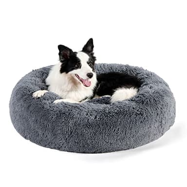 Bedsure Calming Dog Bed for Large Dogs - Donut Washable Large Pet Bed, 36 inches Anti-Slip Round Fluffy Plush Faux Fur Dog Bed, Fits up to 80 lbs Pets, Dark Grey - Image 1
