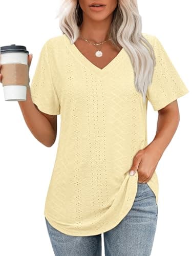 OFEEFAN Summer Tops for Women Trendy Loose Fit V Neck Curved Hem Long T Shirts Short Sleeve Ladies Tops and Blouses Summer Teacher Outfits for Women Clothes Yellow L - Image 1