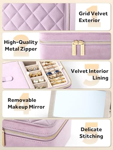 Lumayina Velvet Travel Jewelry Box with Large Mirror, Double-Layer Jewelry Organizer Case for Women and Girls, Portable Storage Case with 6 Anti-Tarnish Bags Gift Ready for Her (Lavender) - Image 5