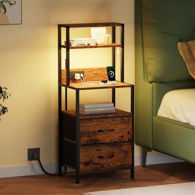 Furnulem Night Stand, Tall Nightstand with 4-Tier Shelves, 2 Fabric Drawers and Light Tube, Bed Side Tables with Charging Station, Bedside Table for Bedroom, Office, Rustic Brown - Image 1