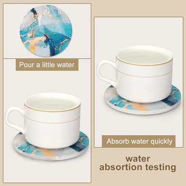 6 Pcs Light Blue Marble Abstract Ceramic Coasters with Holder Best Round Drink Absorbent Coasters for Desk, Lounge, Coffee, Wine, Beverage, Dining Table Decor, Bar Coaster Set - Image 3