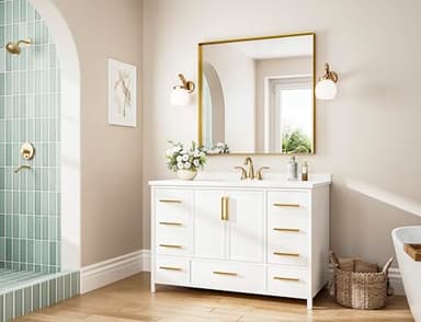 Keonjinn 36 x 36 in Brushed Gold Bathroom Mirror, Square Metal Framed Wall Mirror for Bathroom, Decorative Shiny Brass Gold Vanity Mirrors, Aluminum Alloy Frame Modern Farmhouse Rectangle Mirrors - Image 2