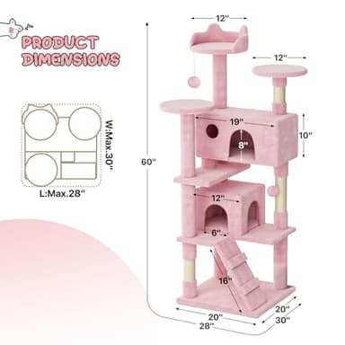 MoNiBloom 60 Inch Cat Tree Tower for Indoor Cats Large Adults, Pink Cat Tower with Scratching Post, Multi-Level Furniture Activity Center with Cat Condo Pet Play House, Soft Pink - Image 2