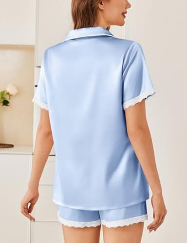 Ekouaer Satin Pajamas Women Silk Short Sleeve Pajama Set Button Front Pjs Satin Sleep Shorts Set,Large Clear Blue - Image 4