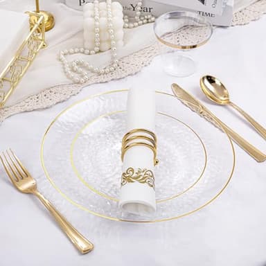 Rubtlamp 175 Pcs Plastic Dinnerware Set (25 Guests), Clear And Gold Plastic Plates, Hammered Party Plates Include Dinner Platos, Dessert Platos, Cups, Gold Cutlery Set And Napkins for Party - Image 2