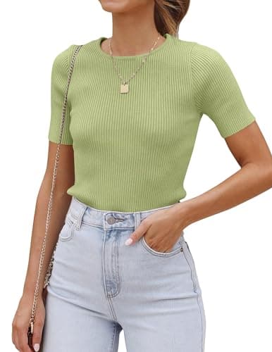 ZESICA Women's Short Sleeve Sweater Tops 2025 Summer Crewneck T Shirt Ribbed Knit Slim Fit Basic Solid Color Tee,MossGreen,Medium - Image 1