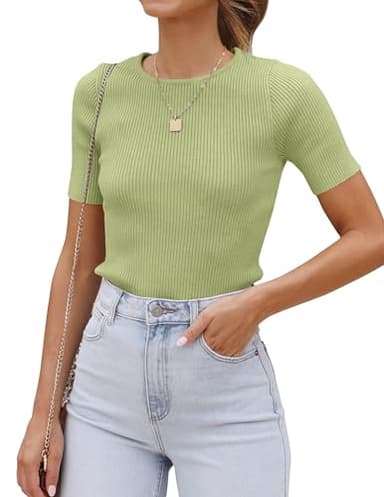 ZESICA Women's Short Sleeve Sweater Tops 2025 Summer Crewneck T Shirt Ribbed Knit Slim Fit Basic Solid Color Tee,MossGreen,Medium - Image 1