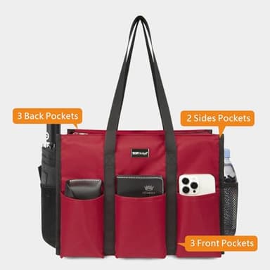 TOPDesign Utility Water Resistant Tote Bag with 13 Exterior & Interior Pockets, Top Zipper Closure & Thick Bottom Support, for Working Women, Teachers, Nurses, Accountants (Red) - Image 3