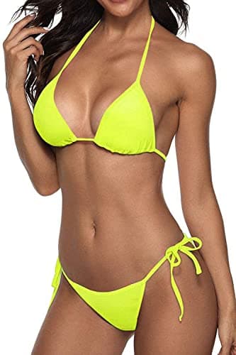 Women Two Piece Bikini Swimsuit Sexy Swimwear Halter String Triangle Bikini Sets Lemon M - Image 2