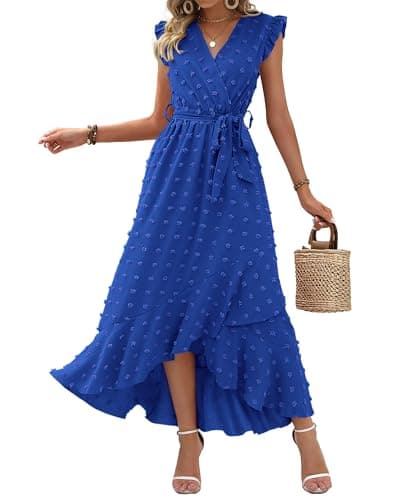 BTFBM Women V Neck Summer Dress 2025 Cap Sleeve Swiss Dot Boho Flowy Ruffle Slit Beach Party Long Maxi Cocktail Dresses(Royal Blue, Large) - Image 1