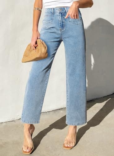 Sidefeel Wide Leg Jeans for Women High Waisted Stretchy Jeans Straight Leg Zimbaplatinum Ankle Denim Pants with Slant Pockets Light Blue Size 12 - Image 2
