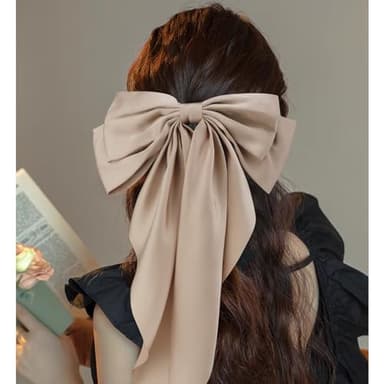 Velscrun 3Pcs Women's Hair Accessories Gifts: White, Black, and Khaki Oversized Satin Hair Bows with Long Tails, Barrettes, and Clips for Girls - Image 2