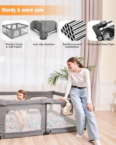 Foldable Baby Playpen with Gate, Extra Large Collapsible Play Yard for Babies & Toddlers, Portable Travel Playpen, Baby Activity Center for Indoor & Outdoor Use (Gray 59"×71") - Image 6