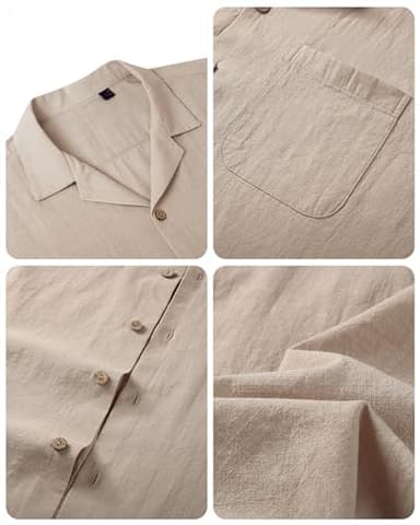 Alimens & Gentle Short Sleeve Button Down Shirts Linen Shirts for Men Cotton Summer Beach Cuban Shirts Vacation Hawaiian Shirts Beige - Image 5